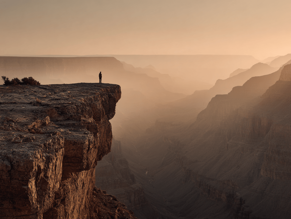 Person standing on a high cliff overlooking a vast canyon at sunrise, symbolizing adventure and exploration.