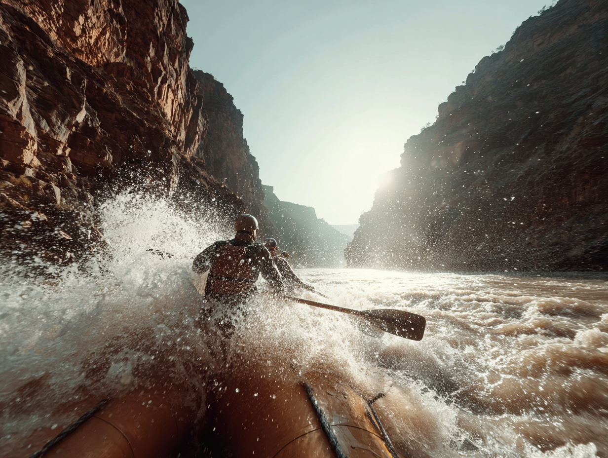 Group rafting through powerful whitewater rapids in a deep canyon, capturing intense outdoor adventure.